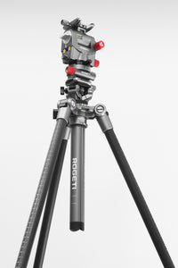 A high-angle studio shot of a Rogeti nesting tripod, RG-1 gear head, and GZA panning head set against a light gray gradient background.